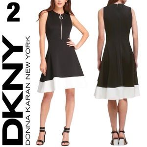 NWOT DKNY Fit Flare Scuba Zipper Sleeveless Plain ContrastDress 2 XS X-SMALL